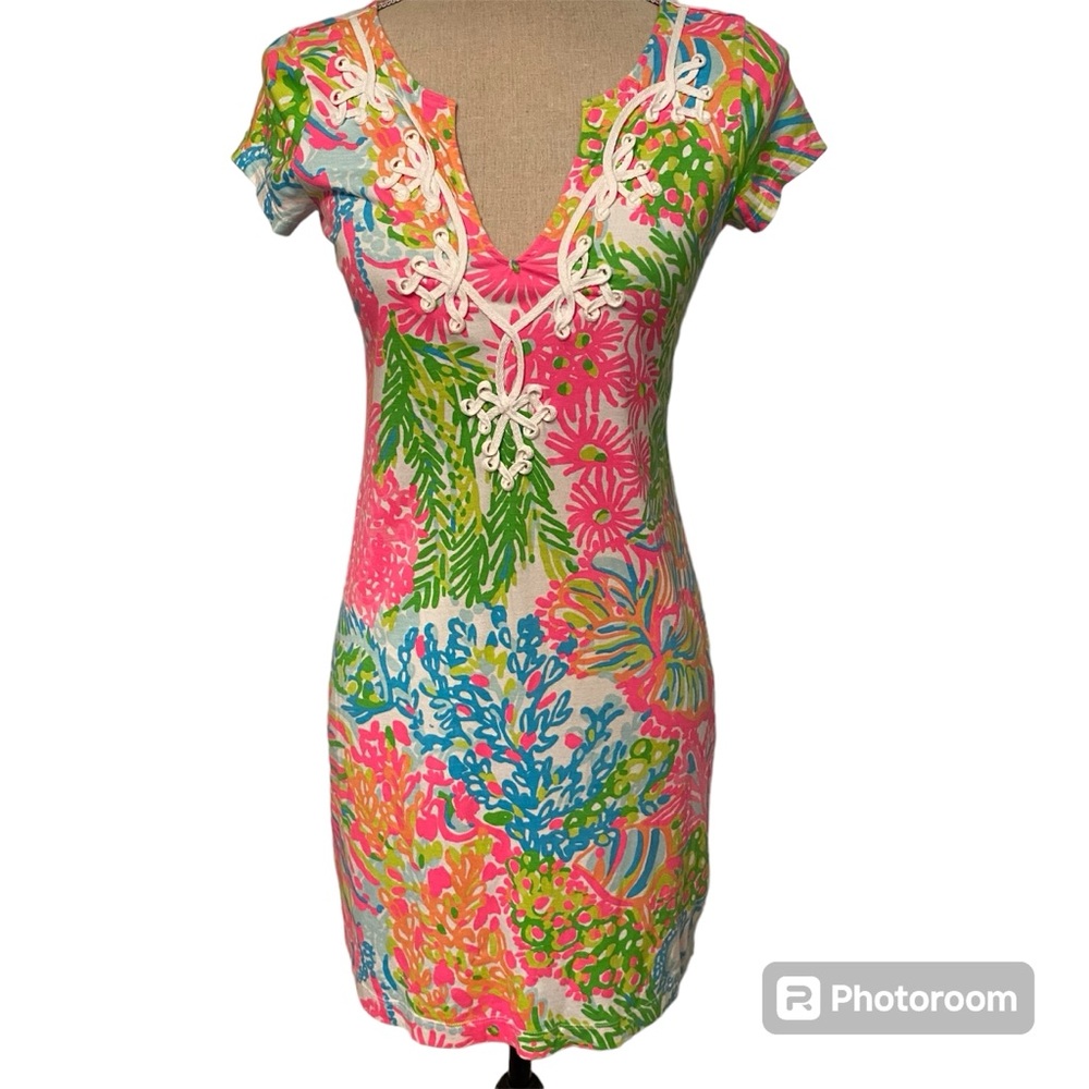 LILLY PULITZER DRESS MINI MULTI COLOR FLORAL SHEATH CAP SLEEVE V-NECK Size XS